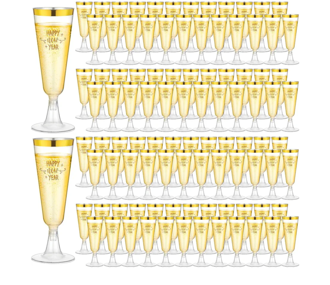 Zhehao 100 Pcs Plastic Gold Champagne Flutes Bulk 2026 New Years Eve Party Supplies 5 oz Disposable Wine Glass Gold Rim Champagne Glasses for New Years Eve Toasting Drinking Party
