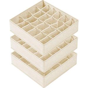 Criusia 3 Pack Sock Underwear Drawer Organizer Dividers, 64 Cell Fabric Foldable Cabinet Dresser Closet Organizers and Storage Boxes for Organizing Socks, Underwear, Ties (16+24+24 Cell, Beige), 11,5×11,5 inch