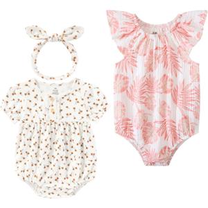 Baby Girl Bodysuit and Headband Outfit Cotton Ruffle Sleeveless Baby Clothes (0-3 Months, Pink Flowers)