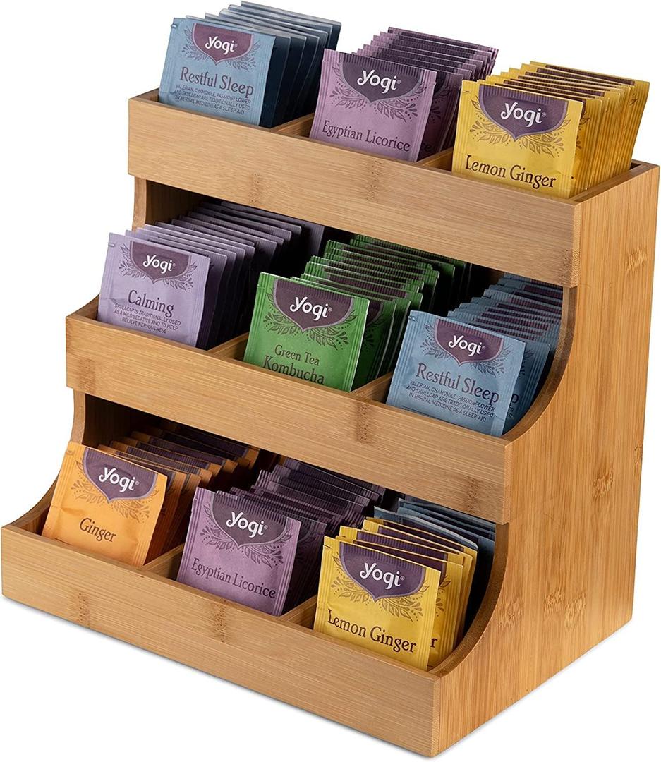 THEODORE Vertical Bamboo Tea Bag Organizer - Holds 180 Bags - Elegant Wooden Storage Box for Home, Office, Caf - Also Holds Sugar Packets and Creamers