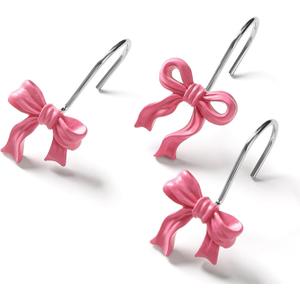 Litabel 12PCS Cute Bow Shower Curtain Hooks, Pink Bowknot Decorative Shower Curtain Rings, Metal Rustproof Resin Curtain Hooks Shower Rings for Girls Baby Bathroom Art Decoration Accessories