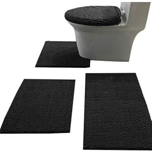 Madeals Chenille Bath Rug Set 4 Piece with Toilet Lid Cover and Rug Set Combo, Soft Shaggy Bath Rug Set 3 Piece and U-Shaped Toilet Floor Rug, Black