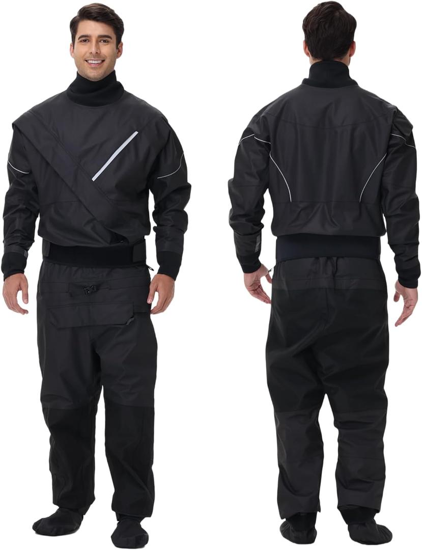 Dry Suits for Men,Front Zip for Sailing,Kayaking,Paddling with Reinforced Knees and Seat,Waterproof and Breathable (Large, Black)