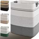 Laundry Hamper, 95L Tall Laundry Basket with Leather Handles, Rectangle Large Clothes Hamper for Organizing, Cotton Woven Laundry Baskets Storage Hampers for Bedroom, Nursery, Living Room (Grey)