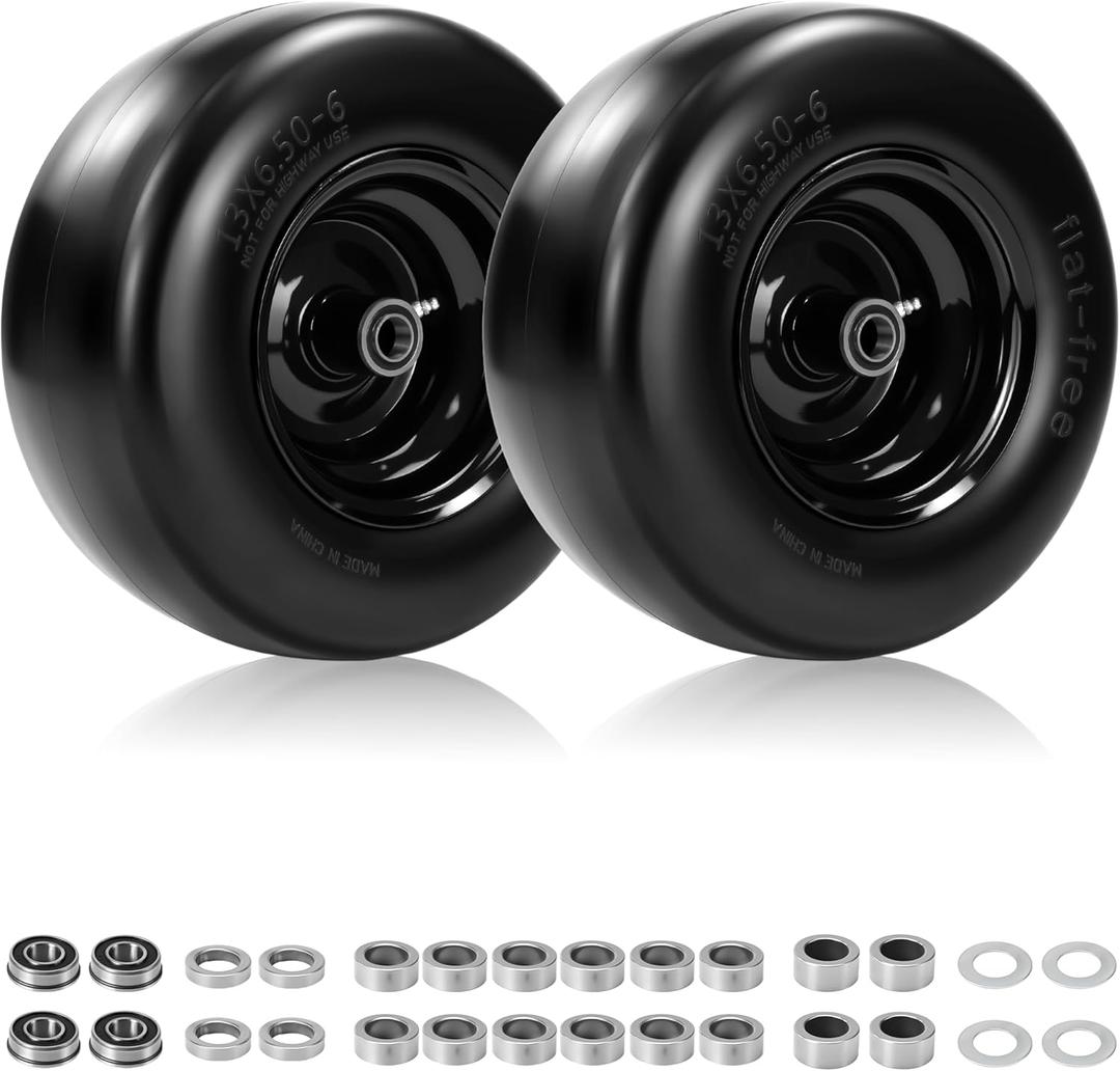 2 PCS, 13x6.5-6 Flat Free Lawn Mower Tire and Wheel, 13x6.50-6 Solid Smooth Replacement Front Tires for Zero Turn Lawn Mowers, with 3/4" & Extra 5/8" Bearings, 4"-8.2" Centered Hub, Black Rim