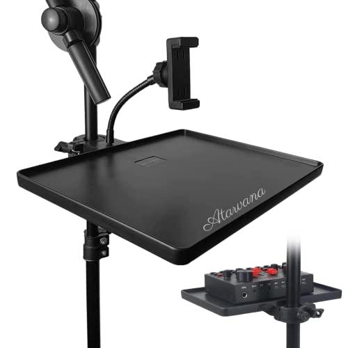 Universal Microphone Stand Tray with Phone Holder, Mic Stand Clamp-On Utility Shelf Rack Tray Holder for Music Sheet, Live Streaming, Live Broadcast, Karaoke, Recording, Music Stand Accessories