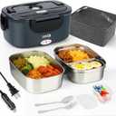 IXIIE Electric Lunch Box 80W Food Warmer for Work, 12V/24V/110V Portable Lunch Warmer for Adults with 2-Pack Stainless Steel Containers, Heated Lunch Box for Car/Truck/Office/Outdoors (Grey+Black)