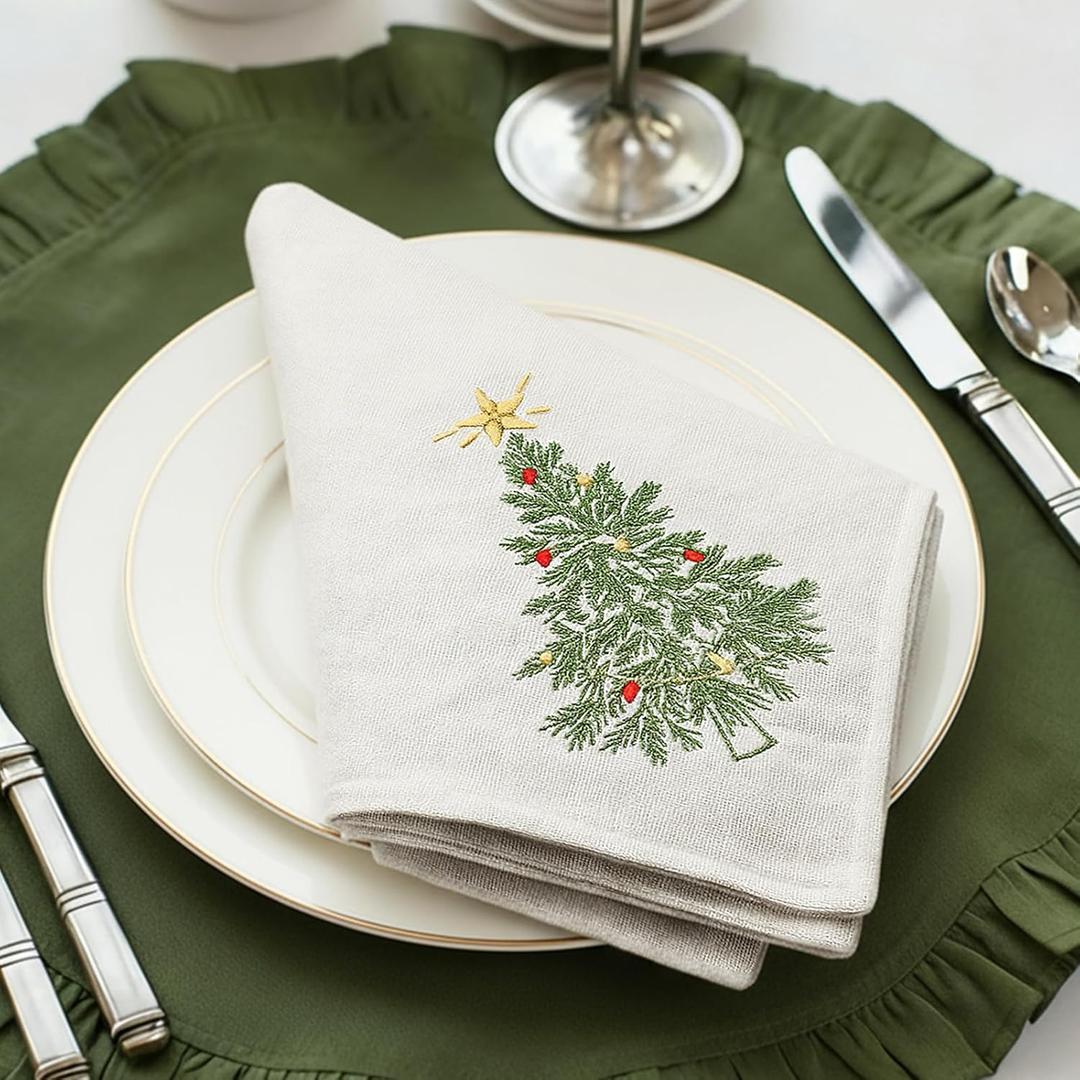 Newwiee Christmas Linen Napkin Set of 4 100% Linen Cloth 20 Inch Christmas Tree Embroidered Napkin Square Dinner Serviette Soft & Durable Holiday Table Decor Xmas Wedding Cocktail Party Supply