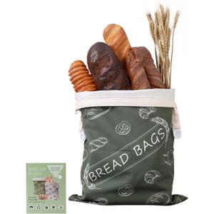 Beeswax Reusable Bread Bags for Homemade Sourdough Bead Large 13''x 16.5'', Natural Durable Cotton Bread Keeper with Zipper to Keep Fresh, Green