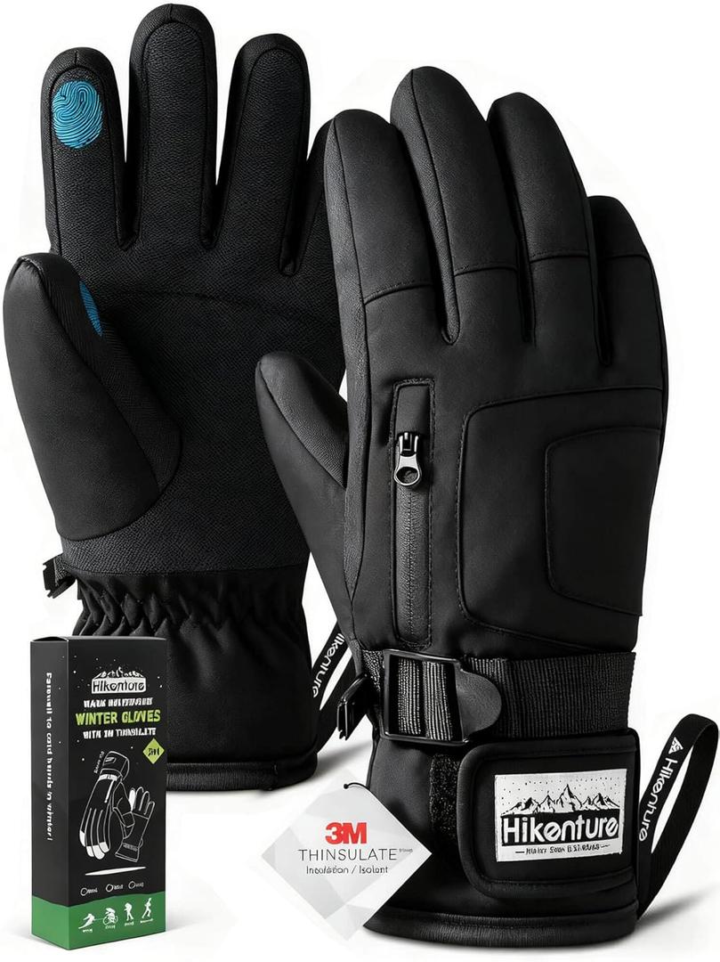 Hikenture Ski Gloves for Men&Women, 3M Thinsulate Waterproof Snow Gloves, Insulated Touchscreen Snowmobile Gloves for Cold Weather, Windproof Warm Skiing Gloves with Pocket (Medium, Black)
