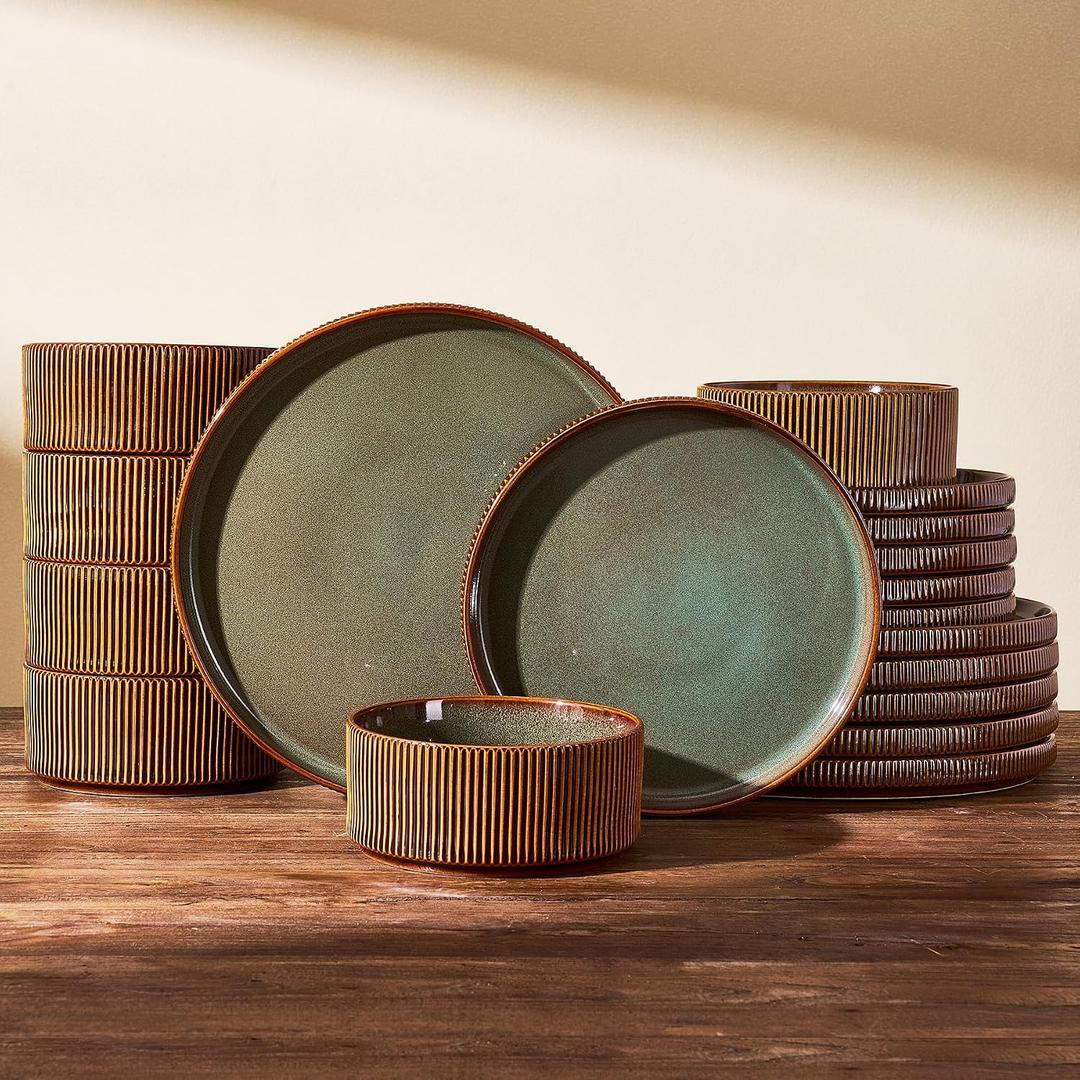 Dinnerware Set for 6, Ceramic Ribbed Plates, Bowls, Dishes | 18-Piece Stoneware Dinner Sets, Handmade Reactive Glaze, Microwave & Dishwasher Safe, Chip & Scratch Resistant, Green & Brown