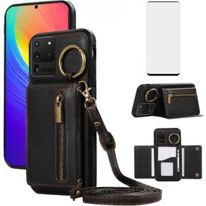 Asuwish Compatible with Samsung Galaxy S20 Ultra 5G Wallet Case with Screen Protector and Crossbody Shoulder Strap Card Holder Cell Phone Cover for S20ultra 20S S 20 A20 S2O 20ultra G5 Women Men Black
