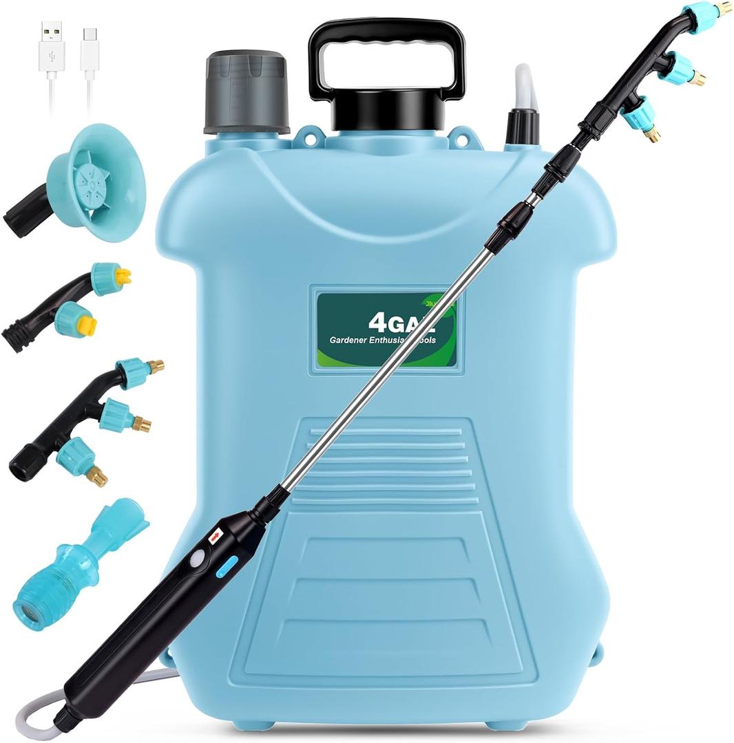 4 Gallon Battery Powered Garden Sprayer, Weed Sprayer with Telescopic Pole, 3 Spray Nozzles for Lawn and Garden Pump Sprayer (blue)