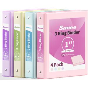 SUNEE 3 Ring Binder 1 Inch 4 Pack, Clear View 1" Binders Three Ring PVC-Free (Fit 8.5x11 Inches) for School or Office Supplies, Assorted Pastel