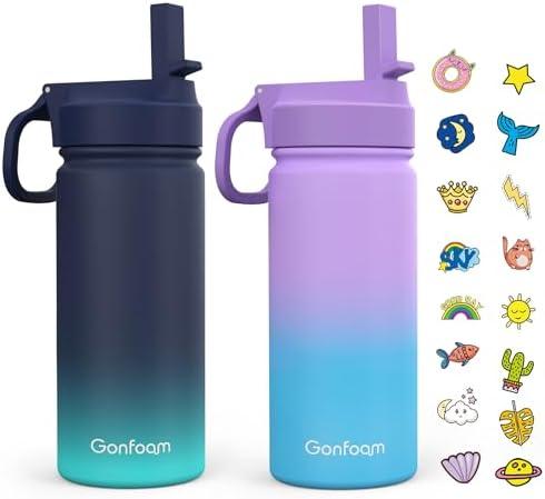Kids Water Bottle, 2-Pack 16oz Water Bottles with Stickers and Straw, Stainless Steel Vacuum Insulated cup, Kids Water Bottle for School, Gifts for Boys and Girls(Blue/Purple)