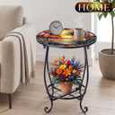 Cinnvoice Outdoor Side Table Round Small Mosaic Patio Accent Indoor End Plant Coffee Tea Table for Yard Patio Porch Garden Living Room, Bedroom(Palm Tree Style,14 Inch)