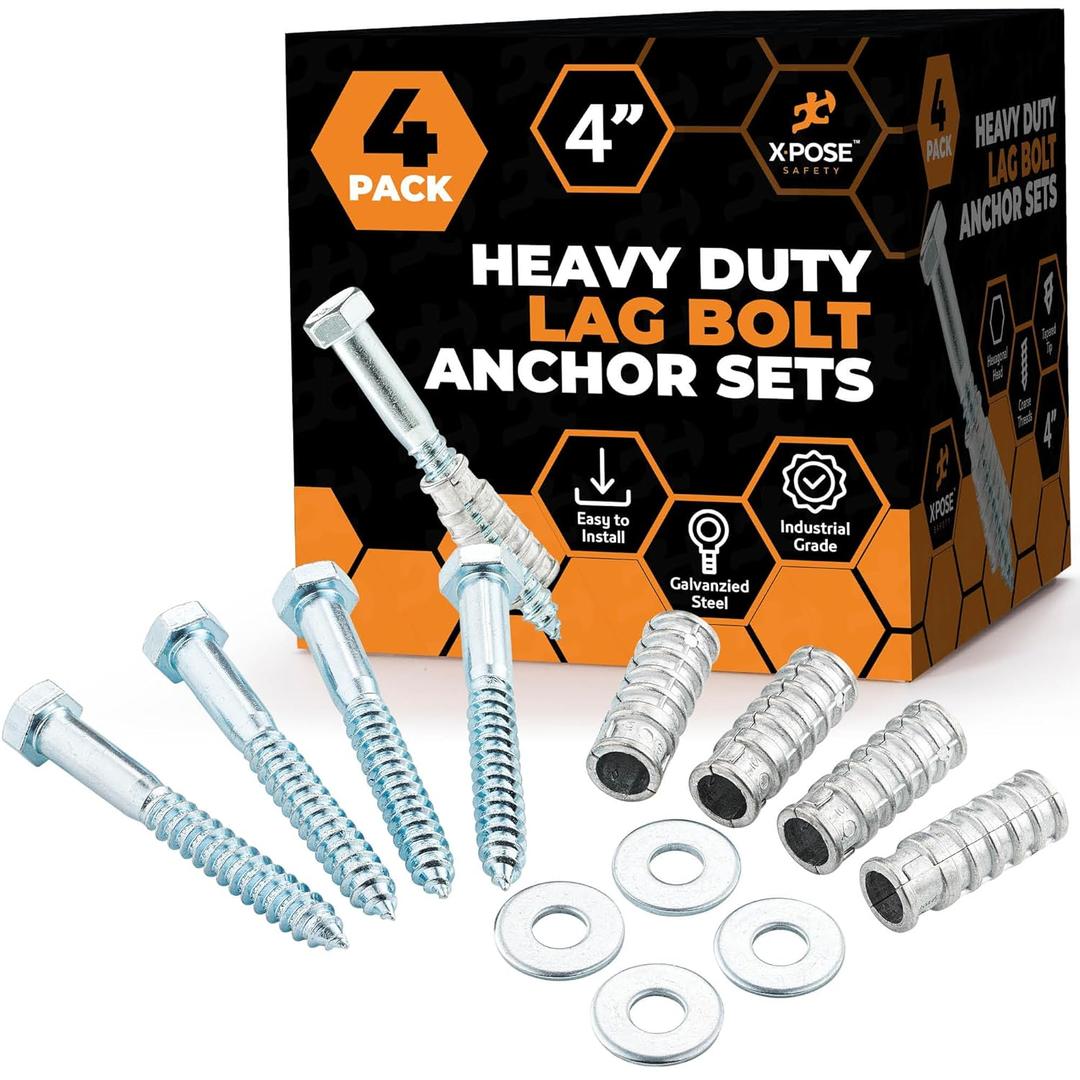 xpose safety Concrete Anchors Set with 4"" Lag Bolt, Lag Shield and Washer - 4 Sets per Pack - 1/2"" Bolt Lag Screws 4-Inch for Speed Bumps for Asphalt - Galvanized Steel Lag Bolts