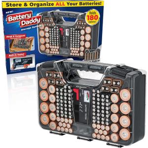 Battery Daddy Storage & Organizer Case w/Tester, Stores & Protects Up to 180 Batteries, Double-Sided, Clear Locking Lid, Secure Latches & Portable Carrying Handle - Charcoal (Batteries Not Included)