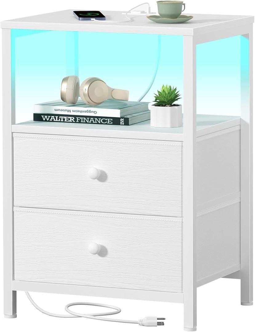BOLUO White Nightstand with Charging Station, LED Night Stand with 2 Fabric Drawers, Bedside Table with USB Ports and Outlets, Nightstand for Bedroom Modern Stand2D01-W, 17*13*4.3 Inch