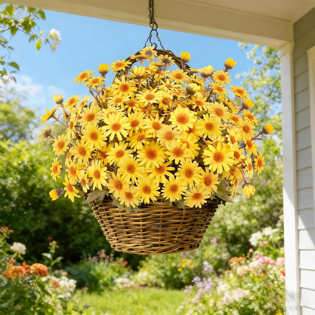 Real Looking Artificial Daisy Flowers for Outdoors, 5 Bundles Yellow Faux Flower Daisies UV Resistant Realistic Spring Summer Fake Flowers for Outside Planters Porch Decor