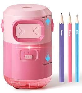 Electric Pencil Sharpener for Kids - Fully Automatic in&Out for Colored Pencils 6-8mm, Rechargeable Sharpener, Suitable for Classroom/ Home/ Office, Pink