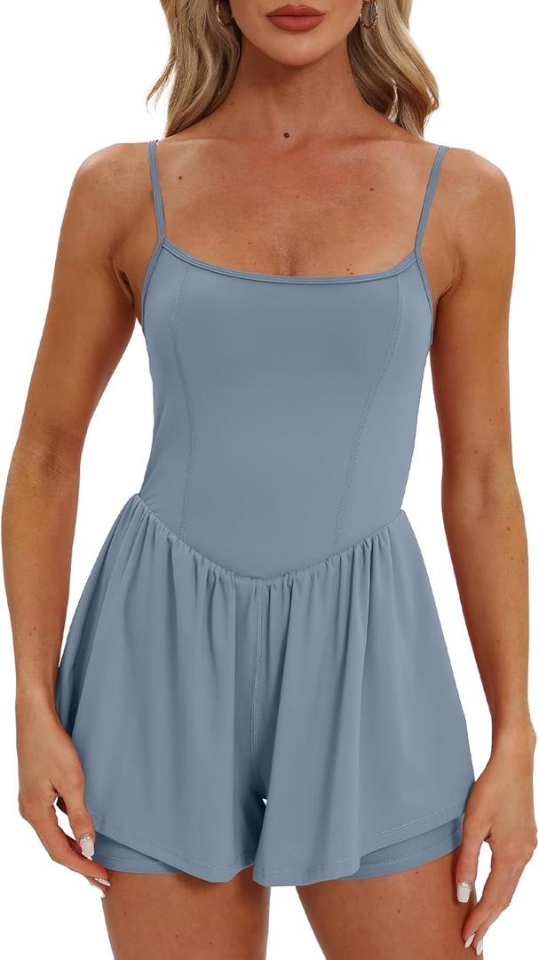 Beaully Women's Summer Sleeveless Athletic Rompers Spaghetti Strap Double Lined Shorts Jumpsuit One Piece Outfits (Medium, Blue)