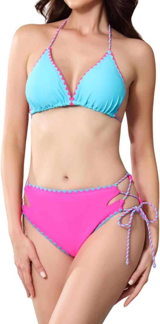 HYTENSUN High Waisted Bikini Sets for Women Swim Suit 2025 Modest Colorblock Bathing Suits Swimwear (Medium, 207 Rosy+blue)