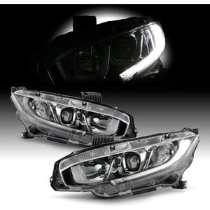 AKKON - Fits 2016-2021 Honda Civic DX EX EX-L EX-T LX LX-P [Halogen Type] Projector Chrome Headlights Pair Left + Right