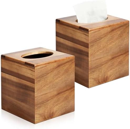 2 Pack Wooden Tissue Box Cover Bulk Square - Acacia Wood Tissue Box Holder for Tabletop Stands Bathroom Office- Decorative Facial Wood Tissue Box Cover for Modern Farmhouse Decor