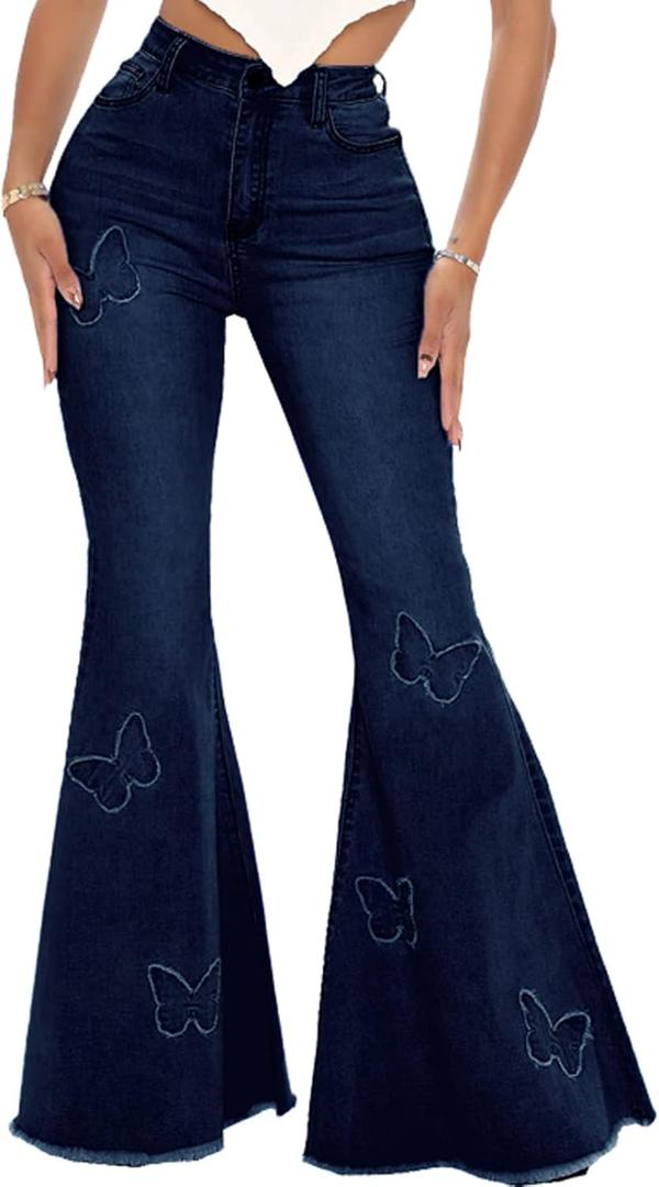 Women's Butterfly Bell Bottom Jeans Elastic High Waisted Embroidered Classic Flareed Jeans Raw Hem Denim Pants with Pocket (X-Large, Dark Blue)