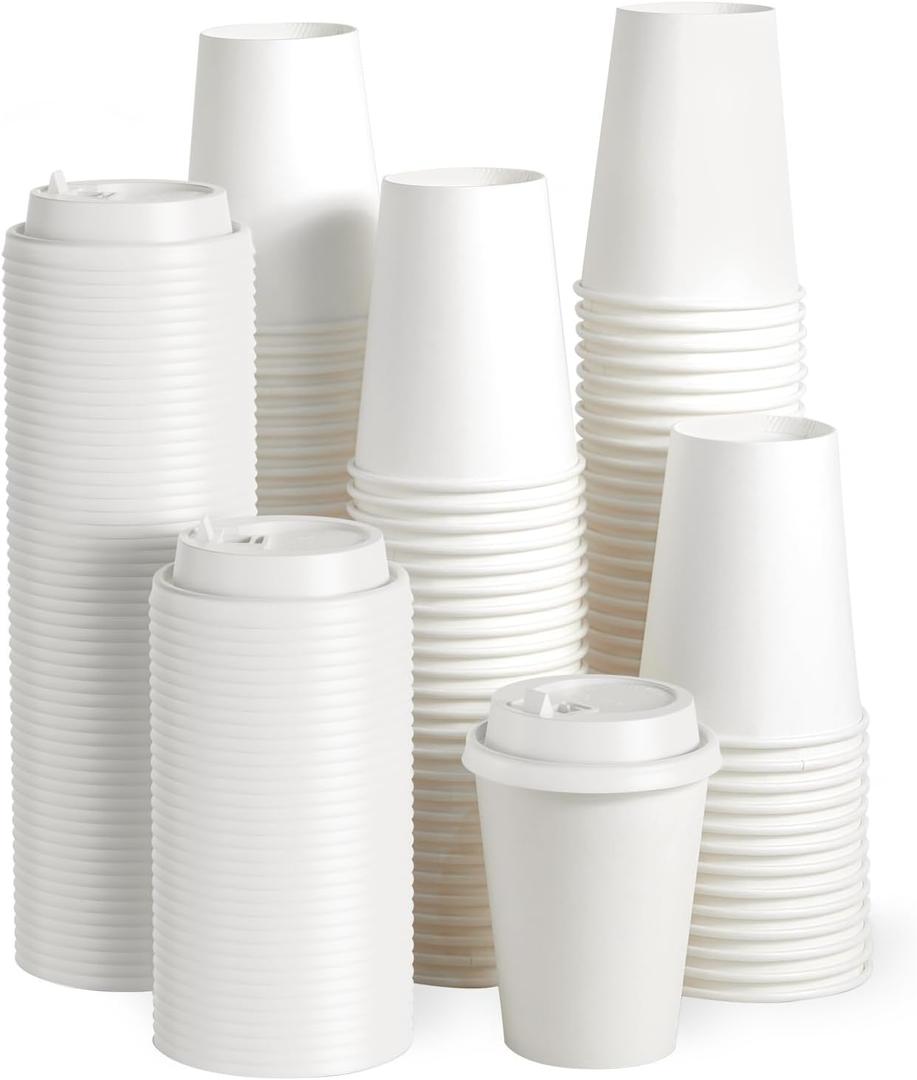 JOLLY PARTY [100 Pack] 12 oz Paper Coffee Cups, Disposable Paper Coffee Cup with Lids, Hot/Cold Beverage Drinking Cup for Water, Juice or Tea, Suitable for Home, Shops and Cafes (White)