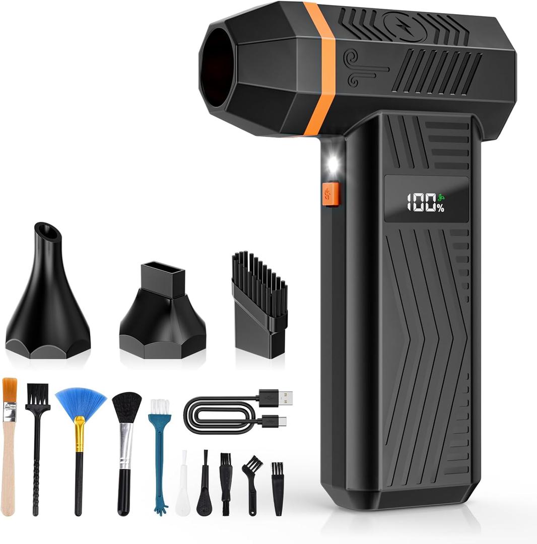 Compressed Air Duster, 180000RPM 4-Gear Adjustable Electric Air Duster with Display Screen & LED Light, Rechargeable Cordless Air Blower for Keyboard/PC/Car