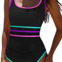 popvil Women's One Piece Swimsuits 2025 Tummy Control Bathing Suit Beach Outfit Sexy Neon 1 Piece Sport Swim Suits,Stripe2,Large