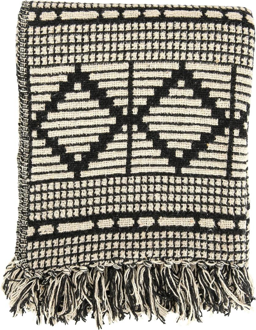 Bloomingville Soft Recycled Cotton Blend Throw with Diamond Pattern, Black and Beige