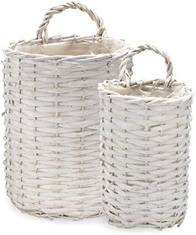 AuldHome Design Wall Hanging Baskets (White, Set of 2); Woven WIcker Rustic Farmhouse White Washed Door Baskets, Small and Medium Size