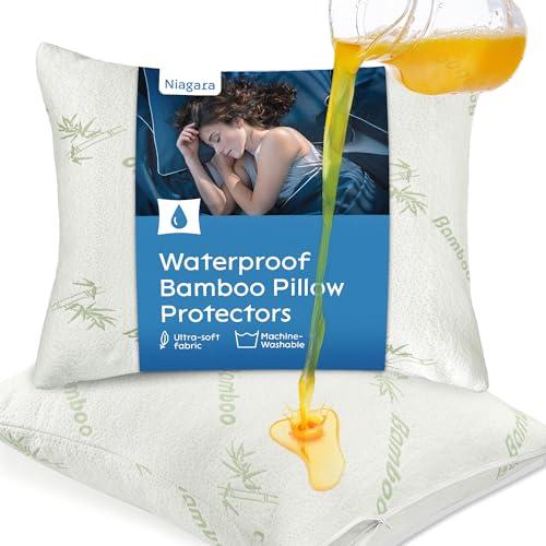 100% Waterproof Pillow Protectors Queen 20x30 Pair Zippered Pillow Case, Pillow Cover, Noiseless Pad, Ultra Plush Absorbent (Viscose Made from Bamboo), Green 2 Pack