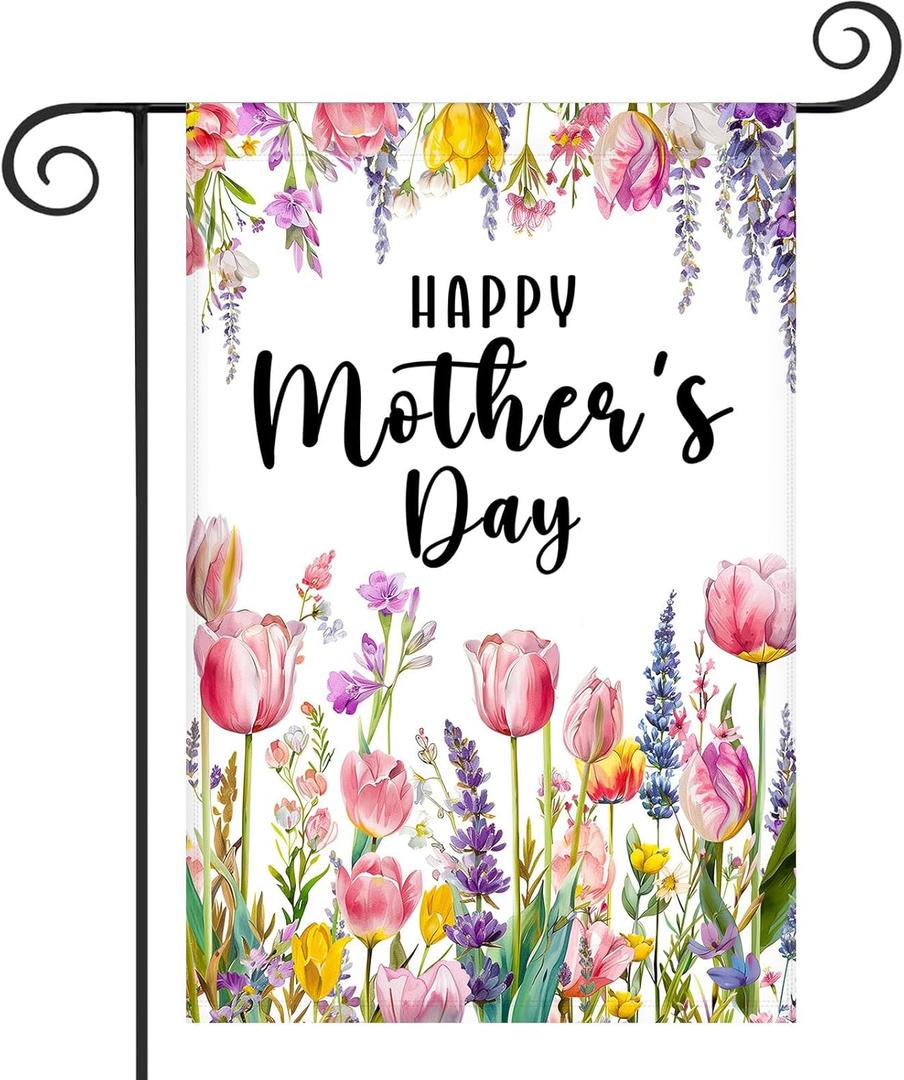 Happy Mothers Day Garden Flag 12 x 18 Inch Double Sided Holiday Floral Garden Flag for Outside Home Party Porch Yard Decorations