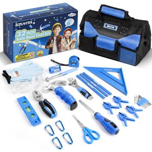 32-Piece Kids Real Tool Set, Blue Kids Size with 12 Storage Bag, Safety Certified Children Learning Hand Tools for Boys and Girls Age 6+, DIY, Construction, Woodwork, Christmas Birthday Gift