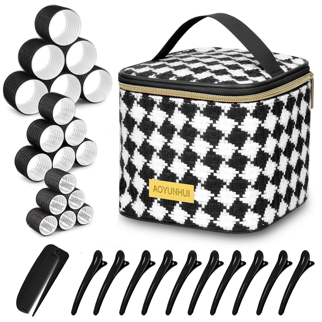 AOYUNHUI Hair Curlers Rollers 18Pcs,Self Grip Hair Roller 3 Sizes in 1 Set with Hair Roller Clips,Comb and Cosmetic Bag-Black