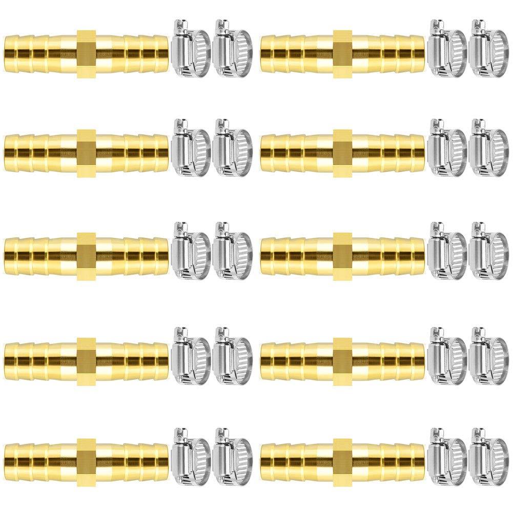 Da by 10 pcs 3/8"(10mm) Barb Splicer Mender Hose Brass Barb Fitting with 20 pcs Stainless Steel Pipe Clamps for Water/Fuel/Air
