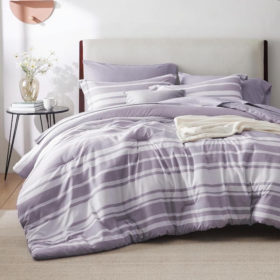 Bedsure King Comforter Set 7 Pieces, Purple Striped Bedding Set for All Seasons, Reversible, Cationic Dyeing Bed in a Bag with Comforter, Sheets, Pillowcases & Shams