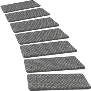 Pure Era Bullnose Carpet Stair Treads Set Tape Free Non-Slip Indoor Stair Protectors Pet Friendly Rugs9.5" x 30"(14 Pieces,Grey Mini-Diamond Trellis)