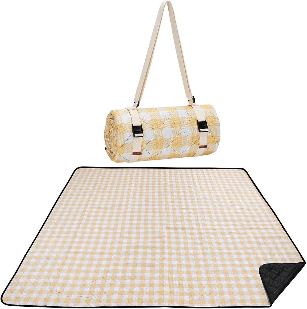 WILLOW WEAVE Picnic Blanket, 80''x80'' Waterproof Outdoor Blankets, Picnic Mat Washable for Beach, Picnic Blankets for Camping on Grass with Shoulder Strap - Yellow & White