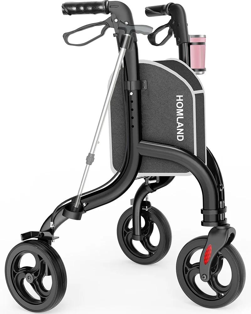 3 Wheel Walkers for Seniors, FSA/HSA Eligible Foldable Wheeled Rollator with Cane Hold and Cup Hold, Lightweight Three Wheel Rolling Walker Height Adjustable for Seniors