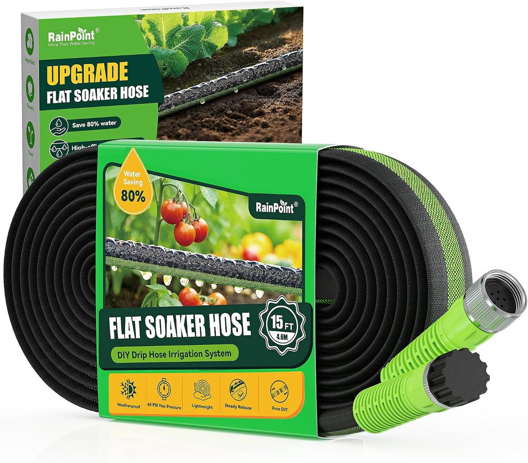 RAINPOINT Flat Soaker Hose 15FT for Garden, Drip Hose for Garden with Anodized Aircraft Aluminum Ends, Flexible & Lightweight Soaking Hose, Save 80% Water, Green