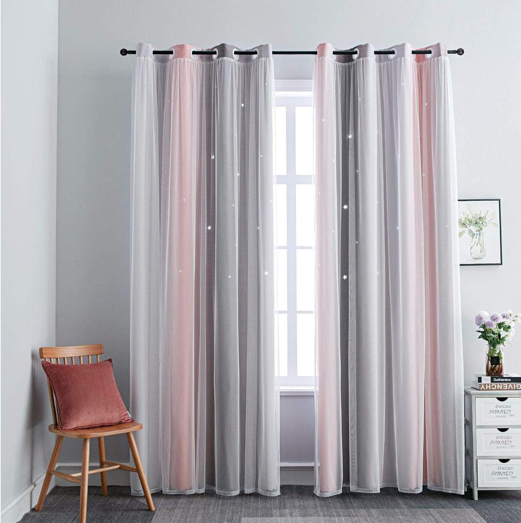 1 pack Ombre Rainbow Blackout Curtain for Kid Girls Bedroom Living Room Darking Stripe Double Layer Star Cut Out Wall Home Decor Gradient Grommet Window Curtains (Pink/Grey, 34W x 63L)