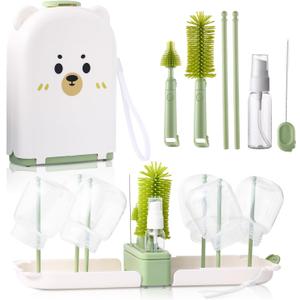 Baby Bottle Cleaner Brush Set Bottle Cleaner Brush Set Portable Bottle Cleaning Kit Set Silicone Brush, Nipple Brush, Straw Brush, Dispense Detergent Dispenser, Drying Rack - 6 in 1 (White)