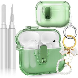 for AirPods Pro 3 2025 Case with Secure Lock, Soft Clear TPU Cover with Earbuds Cleaner & Cute Girly Keychain, Anti-Scratch [Airbag] Military Grade Drop Protection - Green