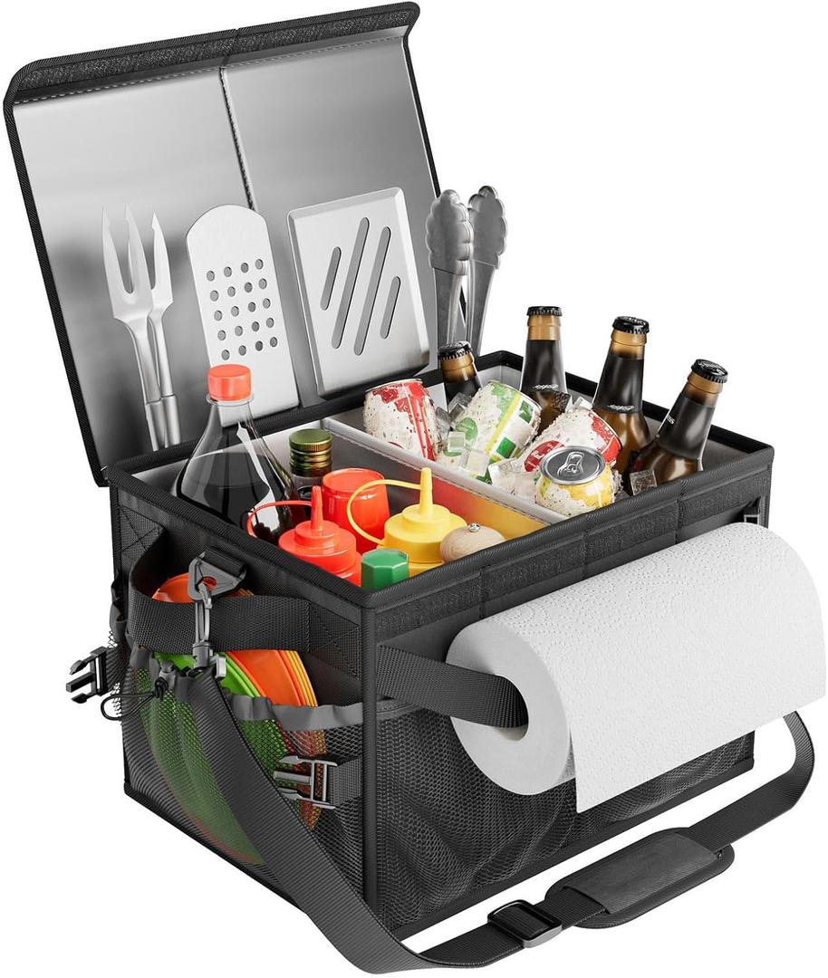FANGSUN Black Grill Caddy, BBQ Organizer with Lid & Paper Towel Holder, Picnic Griddle Caddy for Outdoor Camping, Barbecue Accessories Organizer, 32L, Black