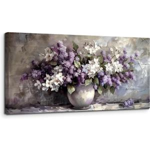 SERIMINO Large Wall Art for Living Room, Still Life Flowers Canvas Prints, Purple Floral Botanical Decor Paintings, Modern Aesthetic Pictures Wall Decor, Farmhouse Kitchen Artwork 24"X48"